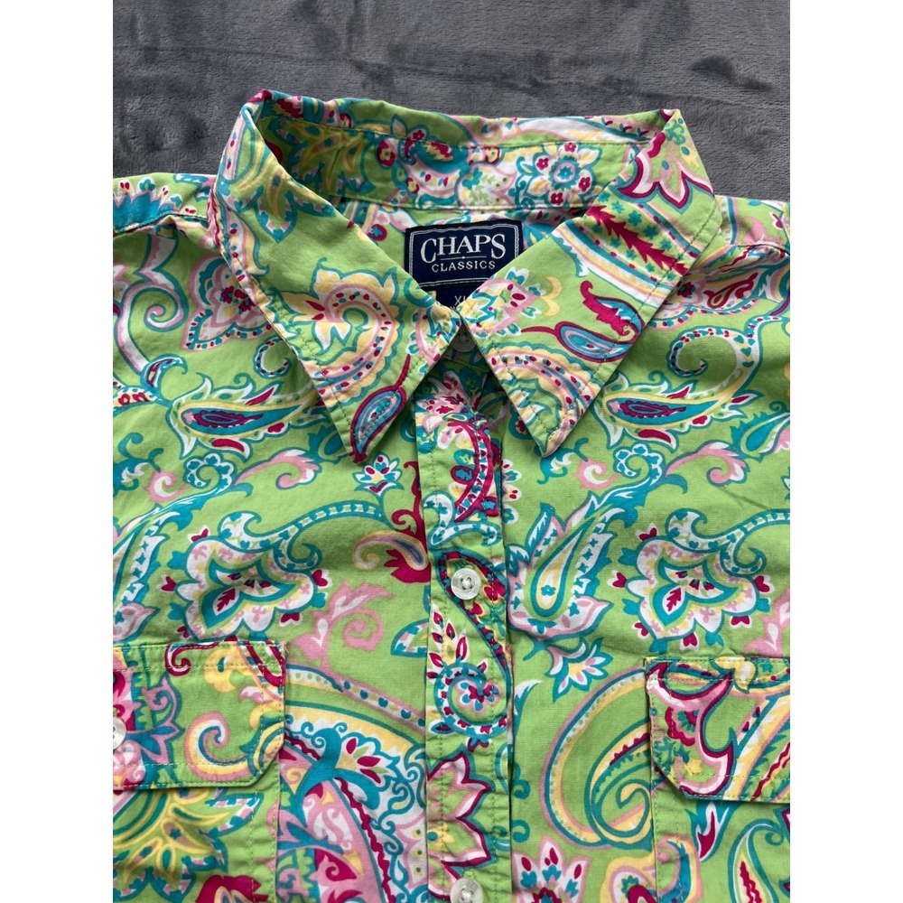Chaps Classics Shirt Womens XL Green Pink Paisley Cotton 3/4 Sleeve Button Down - Picture 3 of 8